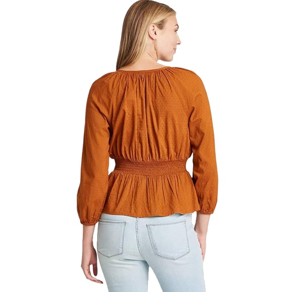 NWT Universal Thread Rust Peplum Linen Bishop 3/4 Sleeve Blouse Top - Picture 14 of 15